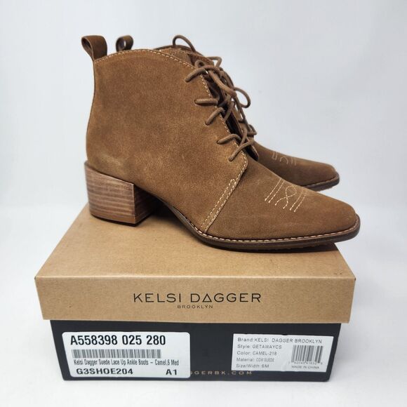 New Kelsi Dagger Getaway Boots Camel Tan Suede Lace Up Western Stitches Size 6 - Picture 2 of 4